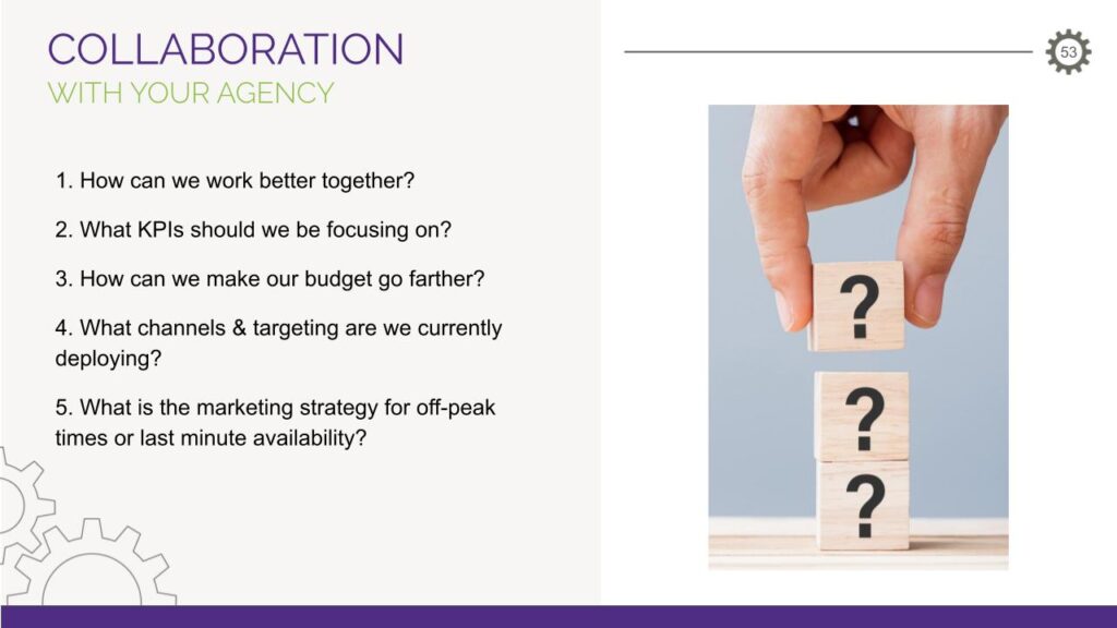 COLLABORATION WITH YOUR AGENCY.
1. How can we work better together?
2. What KPIs should we be focusing on?
3. How can we make our budget go farther?
4. What channels & targeting are we currently deploying?
5. What is the marketing strategy for off-peak times or last minute availability?

