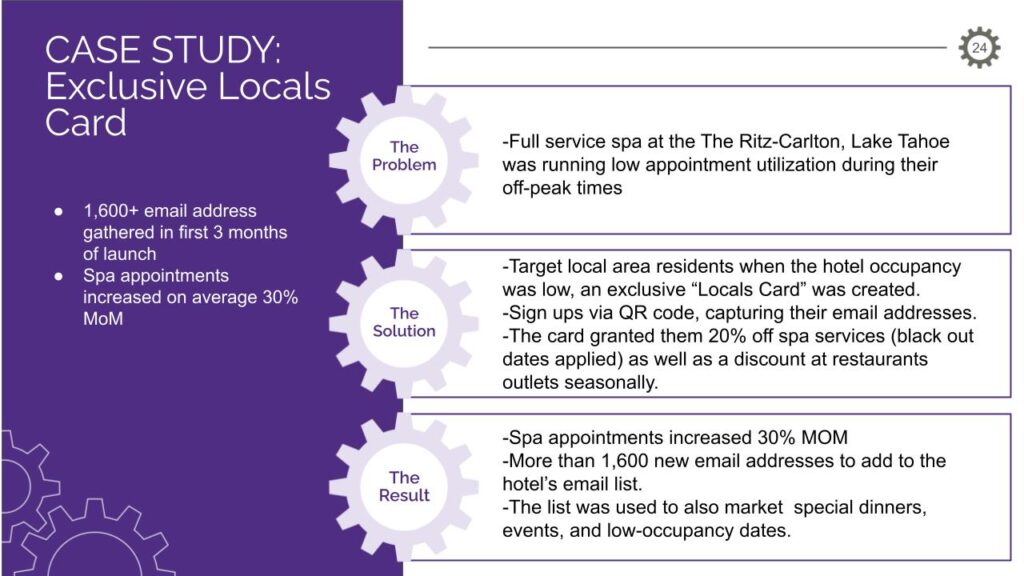 CASE STUDY: Exclusive Locals Card.
- 1,600+ email address gathered in first 3 months of launch.
- Spa appointments increased on average 30% MoM.

1) The Problem: 
- Full service spa at the The Ritz-Carlton, Lake Tahoe was running low appointment utilization during their off-peak times

2) The Solution: 
- Target local area residents when the hotel occupancy was low, an exclusive “Locals Card” was created.  
- Sign ups via QR code, capturing their email addresses. 
- The card granted them 20% off spa services (black out dates applied) as well as a discount at restaurants outlets seasonally.

3) The Result:
- Spa appointments increased 30% MOM
- More than 1,600 new email addresses to add to the hotel’s email list. 
- The list was used to also market  special dinners, events, and low-occupancy dates.