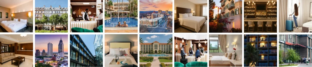 a collage of photos of hotels and hotels