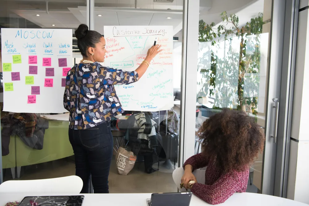 a woman standing in front of a whiteboard with notes on it
