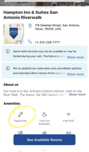 Screenshot sample of a hotel offering Digital Key as an amenity.