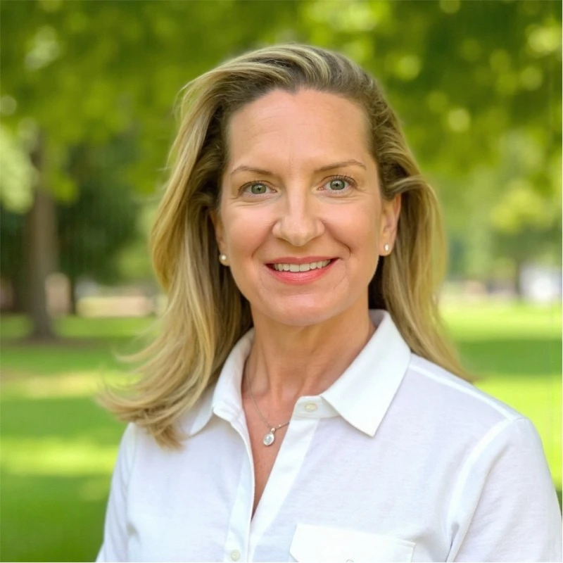 a woman with blonde hair wearing a white shirt